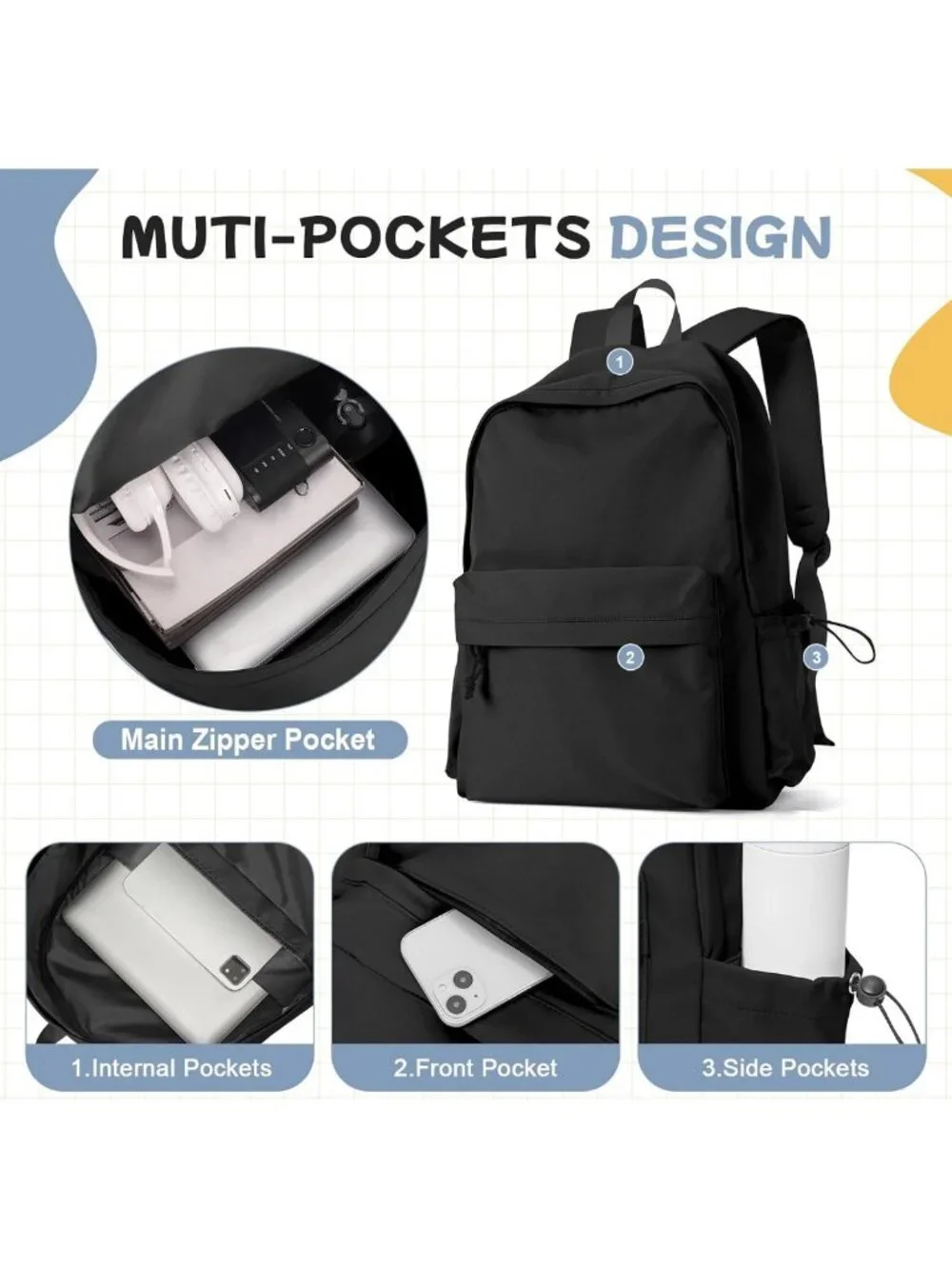 Stylish Waterproof Black Backpack for Girls & Boys - Lightweight School Daypack